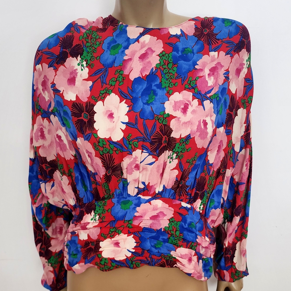 Zara Red Floral Scoop-Neck Blouse with Blue & Pink Blooms